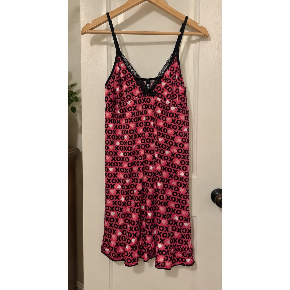XOXO Womens Nightgown Chemise XL Pink Black Hearts Lace Trim Spaghetti Straps